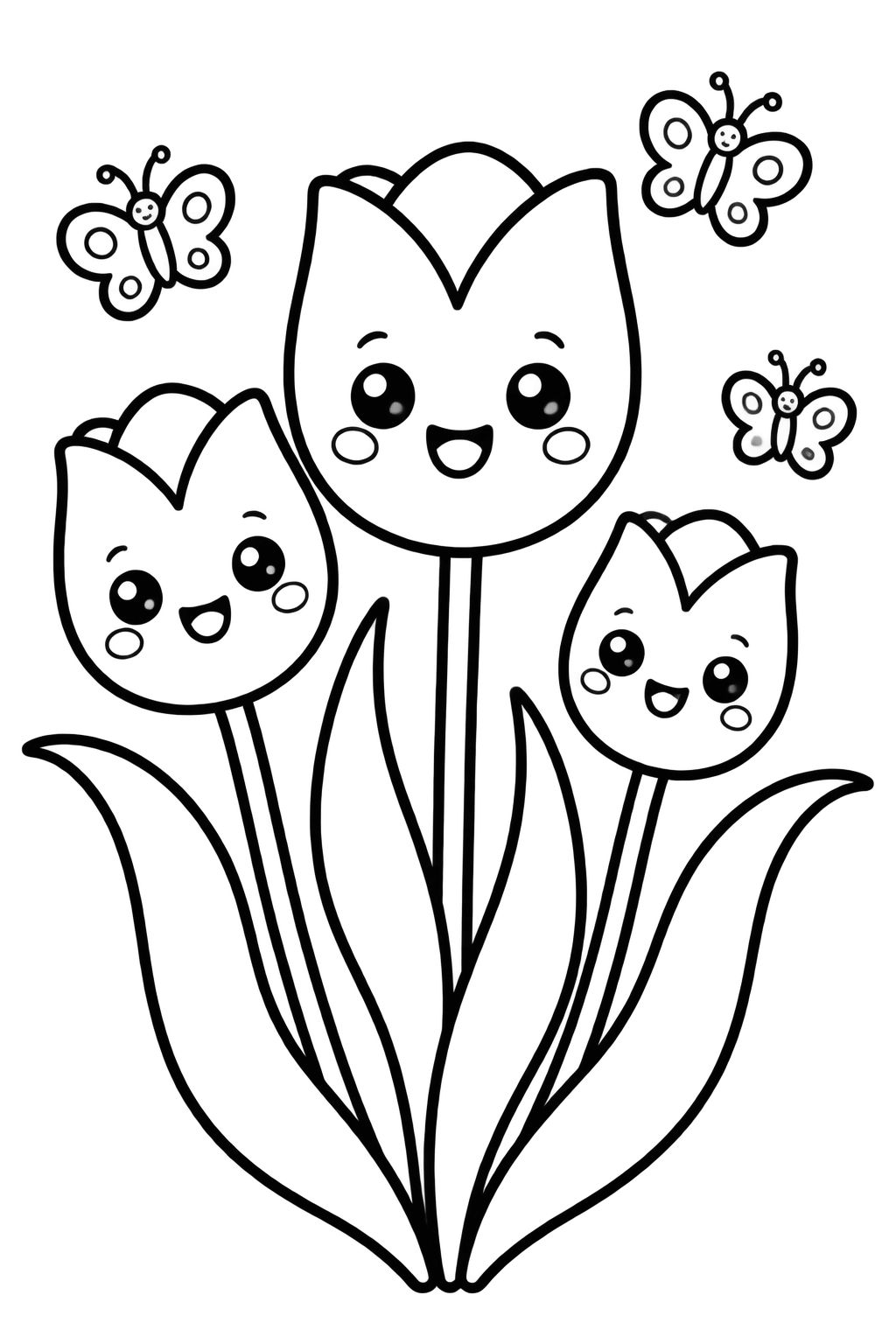 Desenhos de Flores e Jardim Fofos para Colorir Tulipas kawaii sorridentes e borboletas alegres em uma cena primaveril para colorir
