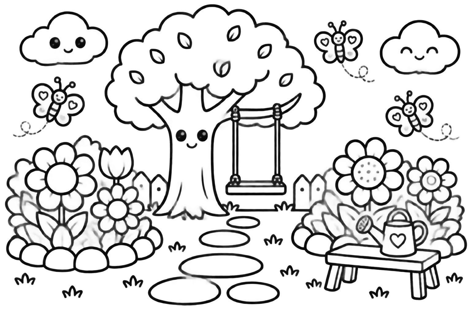 Desenhos de Flores e Jardim para Colorir Árvore e Borboletas Cena de jardim alegre com árvore sorridente, flores, borboletas e um caminho de pedras para colorir