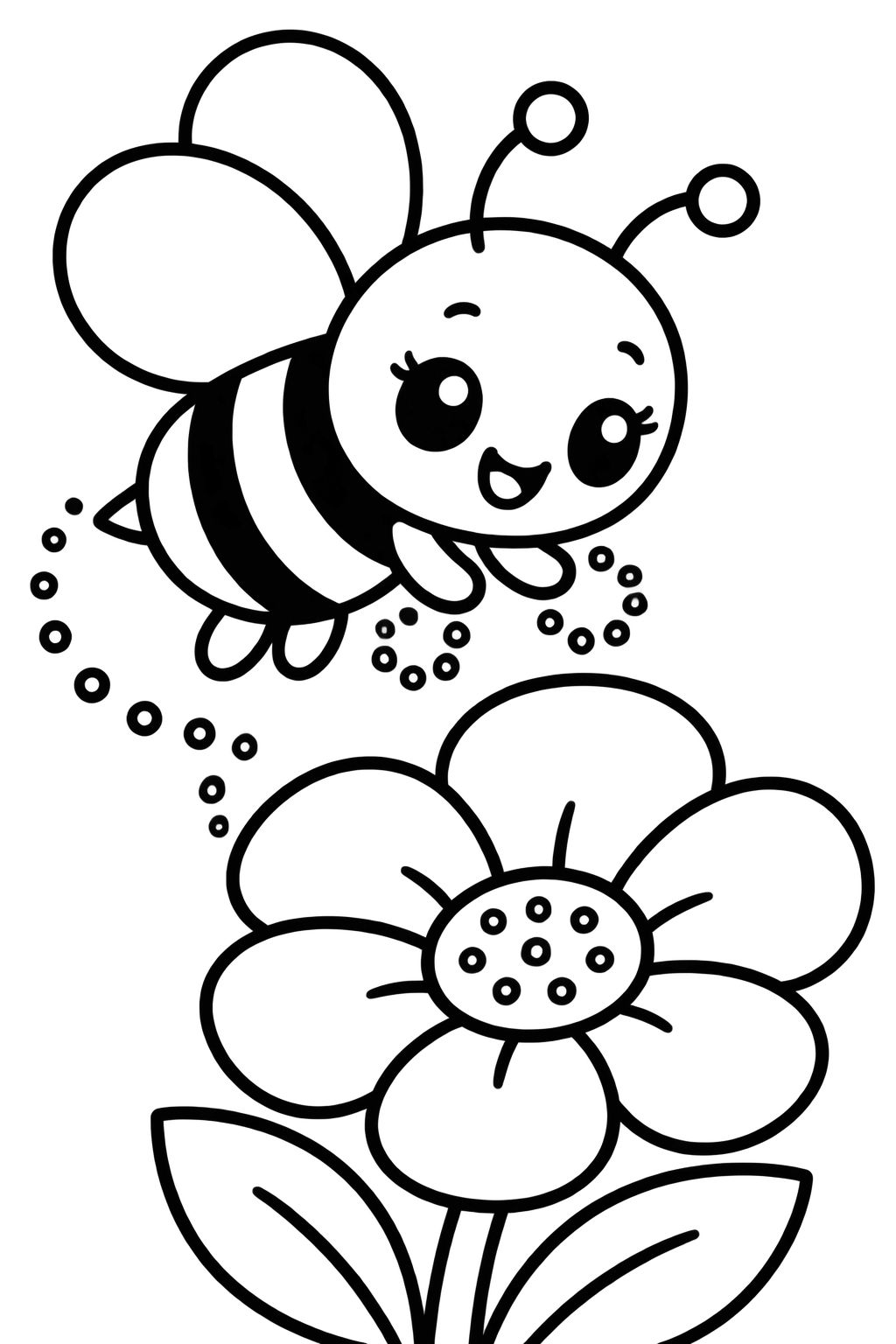 Desenhos de Flores e Jardim para Pintar e Colorir com Abelha Abelha sorridente voando sobre uma flor com pétalas redondas em um desenho para pintar e colorir