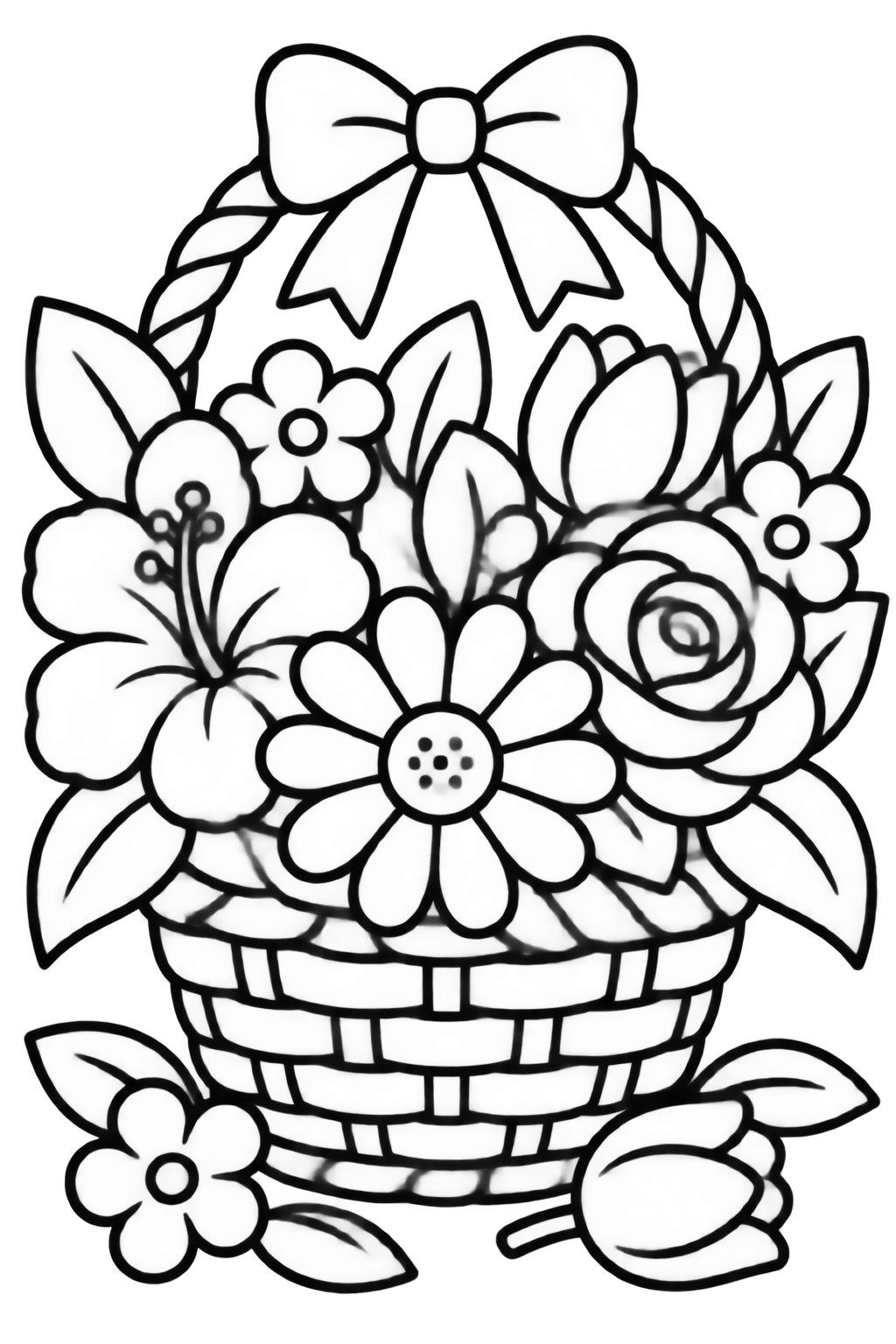 Desenhos de Flores na Cesta para Colorir e Relaxar Cesta charmosa repleta de rosas, margaridas e tulipas com laço decorativo para pintar