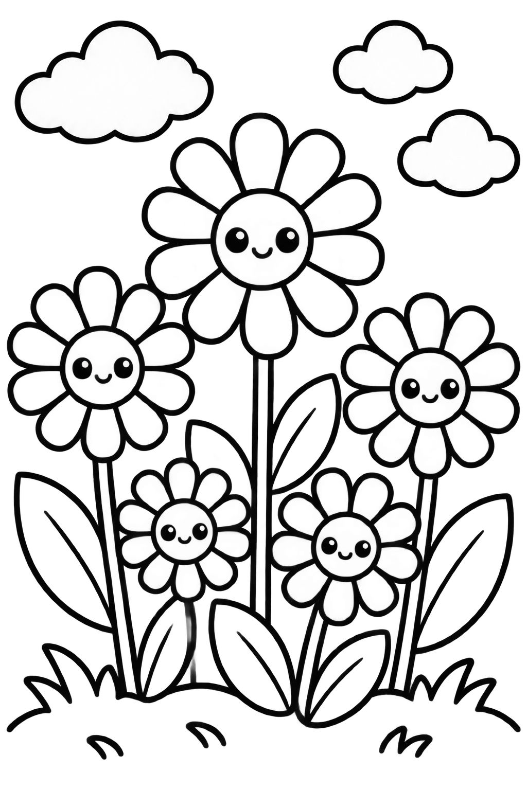 Desenhos de Flores Sorridentes no Jardim para Colorir Desenho de cinco margaridas sorridentes em um jardim com nuvens no céu, pronto para colorir