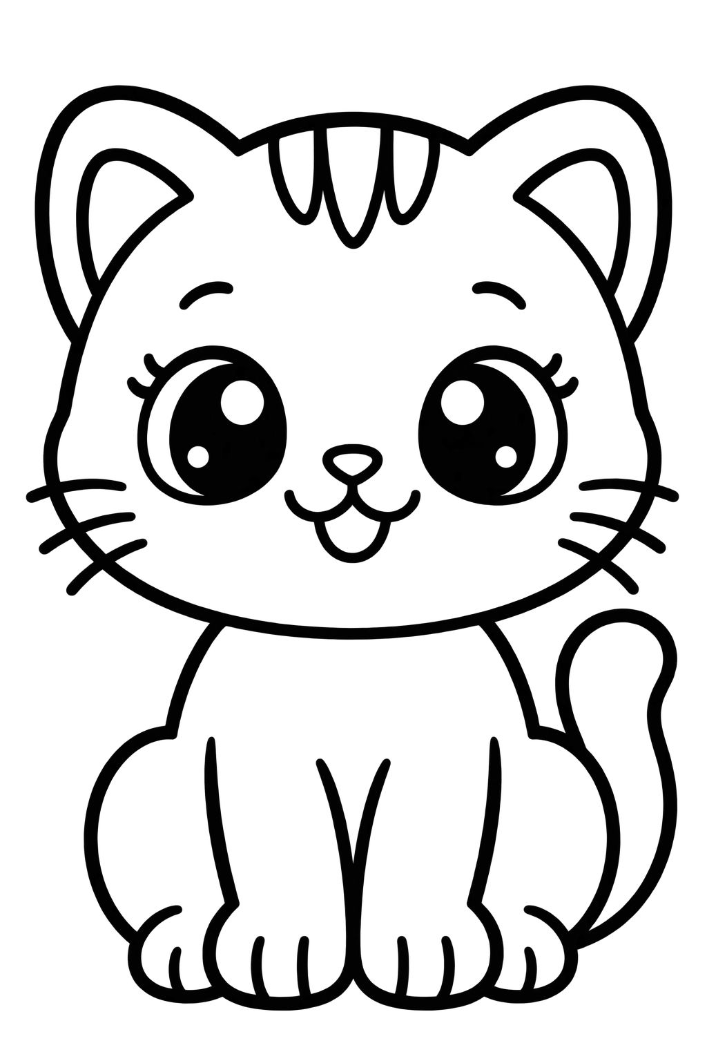 Desenhos de Gatinhos Fofos para Colorir com Alegria Gatinho fofinho sorrindo sentado com grandes olhos brilhantes, pronto para receber pintura colorida.