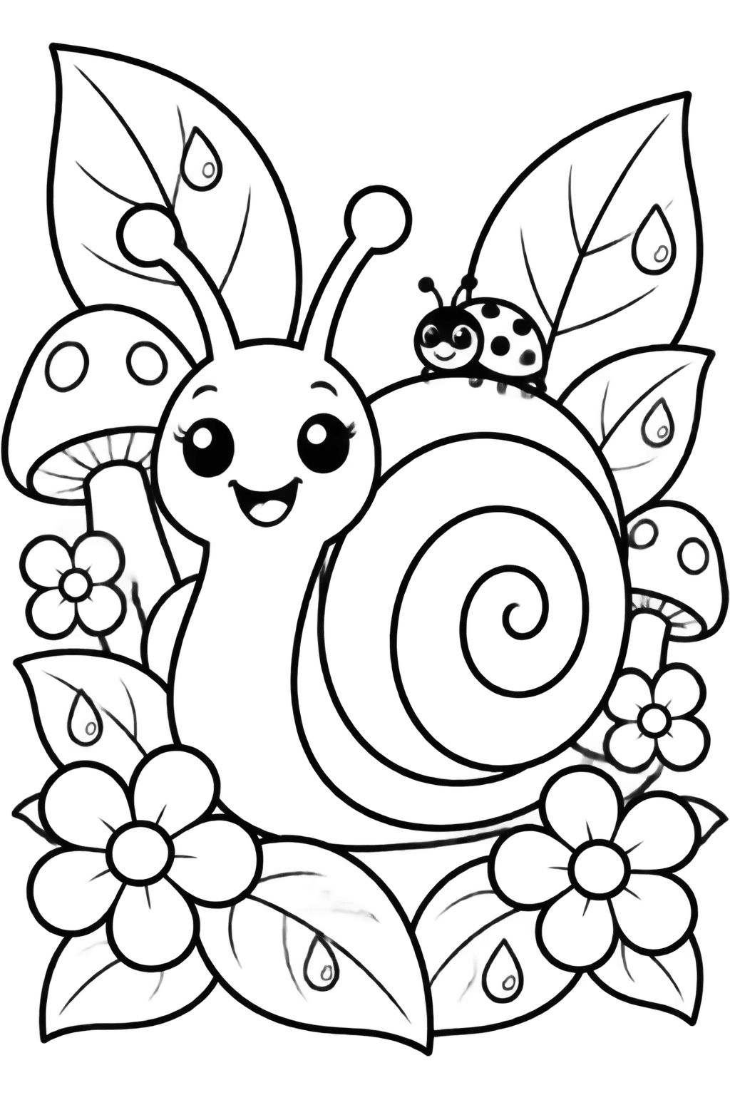 Desenhos de Jardim com Flores e Caracol para Colorir Caracol sorridente com joaninha na casca, cercado por flores, cogumelos e folhas com orvalho em um belo jardim