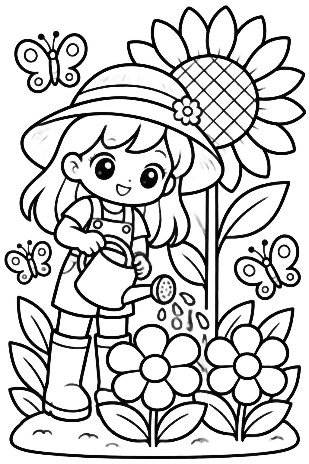 Desenhos de Menina no Jardim com Flores para Colorir Menina sorridente com chapéu e regador cuidando de flores no jardim com borboletas voando ao fundo