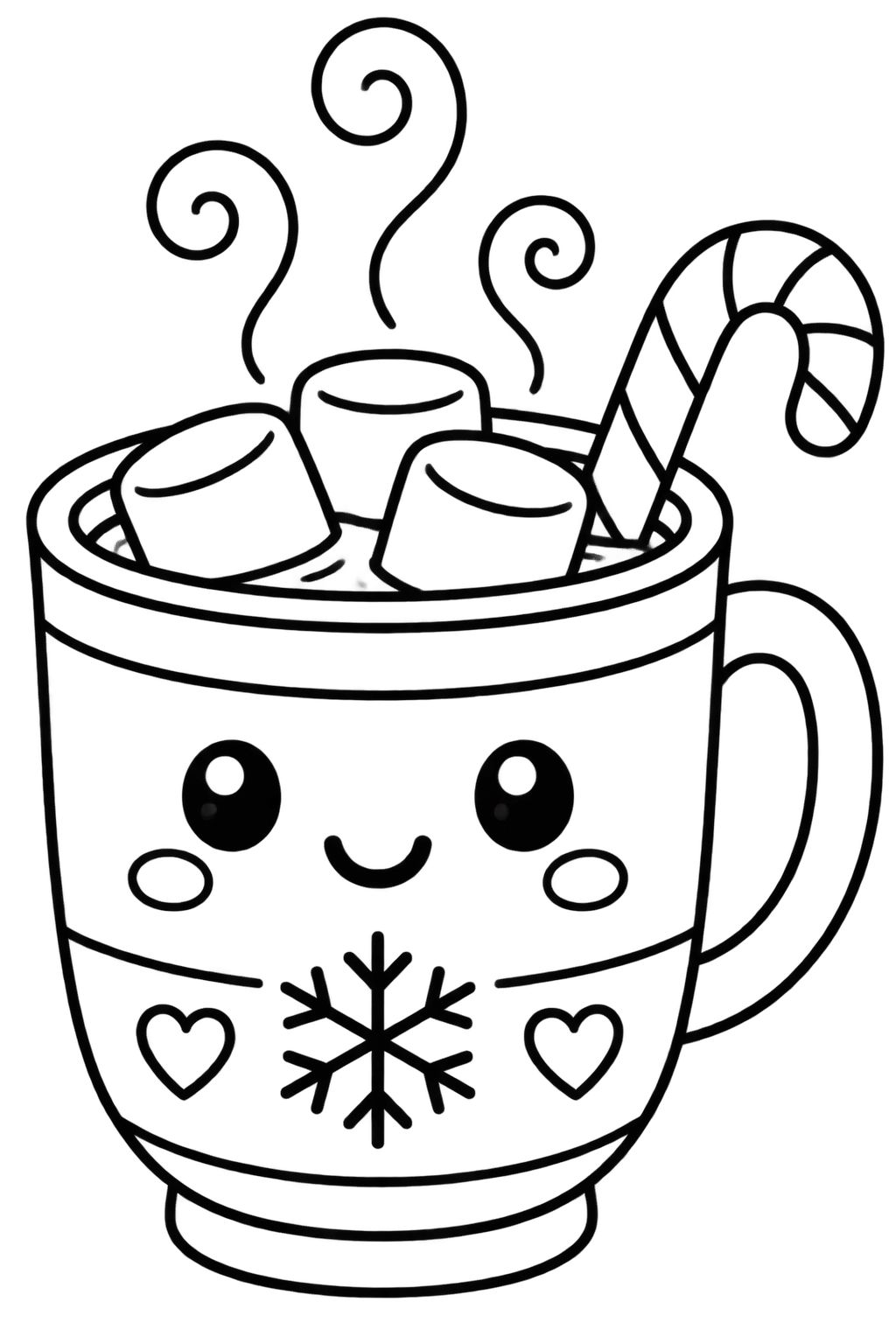 Desenhos de Natal para colorir: caneca fofa com marshmallow Desenho de caneca fofa sorridente com marshmallows e bastão de doces para pintar no Natal.