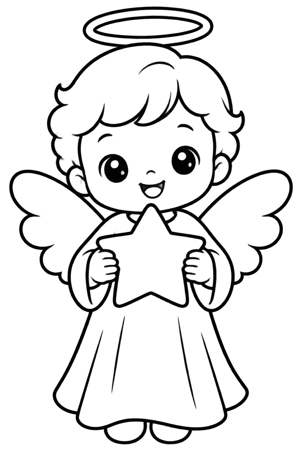 Desenhos de Natal para colorir com anjo e estrela festiva Querubim sorridente com asas abertas segura estrela brilhante em desenho simples para colorir.
