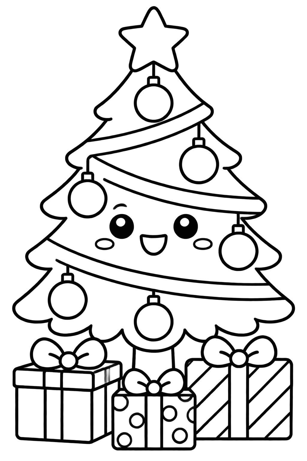 Desenhos de Natal para colorir com arvore fofa e presentes Arvore de Natal sorridente com bolas, fitas e presentes na base em desenho para colorir e pintar.