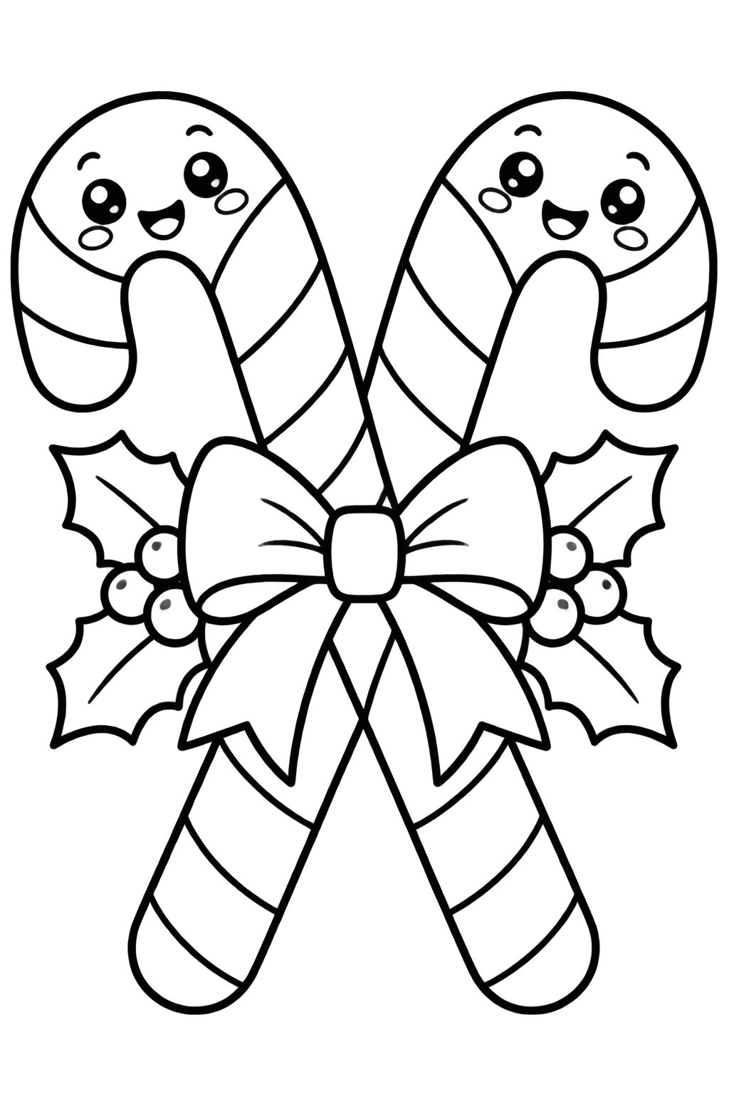 Desenhos de Natal para colorir com bastões fofos e alegres Dois bastões de doce natalinos cruzados com rostos sorridentes, olhos brilhantes e laço festivo.