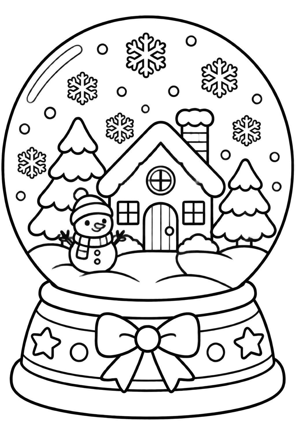 Desenhos de Natal para Colorir com Bola de Cristal na Neve Bola de cristal de inverno com casinha nevada, boneco de neve sorridente e pinheiros para colorir.