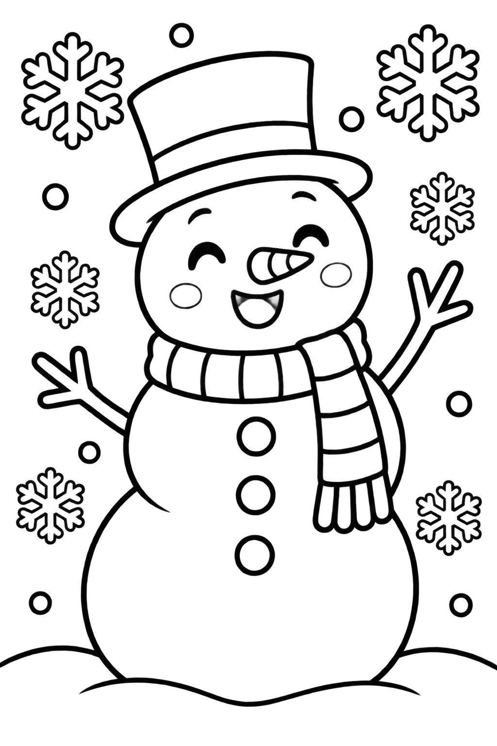 Desenhos de Natal para colorir com boneco de neve alegre Boneco de neve sorridente com cartola e cachecol listrado cercado por flocos de neve para pintar.