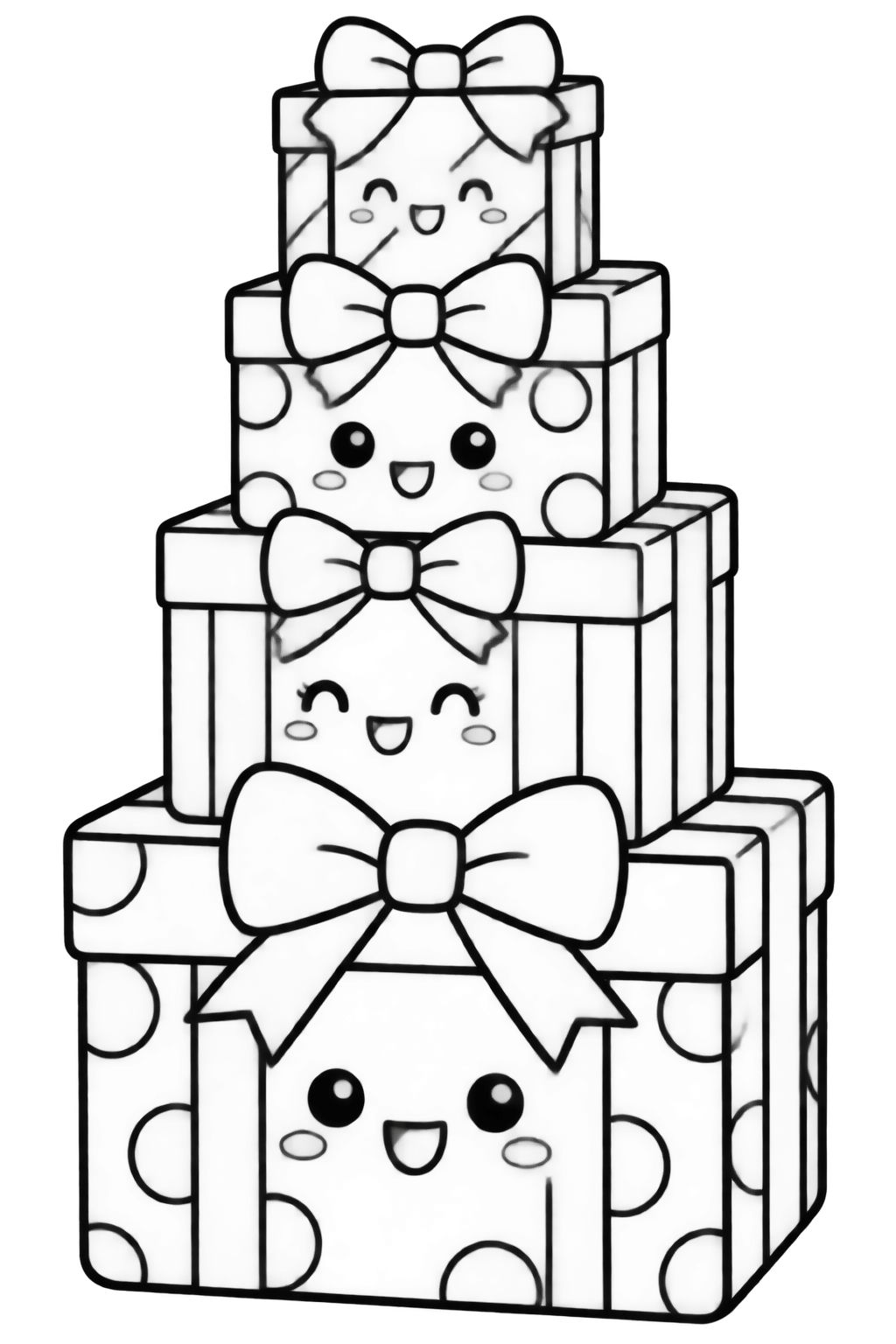 Desenhos de Natal para colorir com caixas de presente Pilha de quatro caixas de presente fofas com rostos alegres e laços grandes para pintar no Natal.