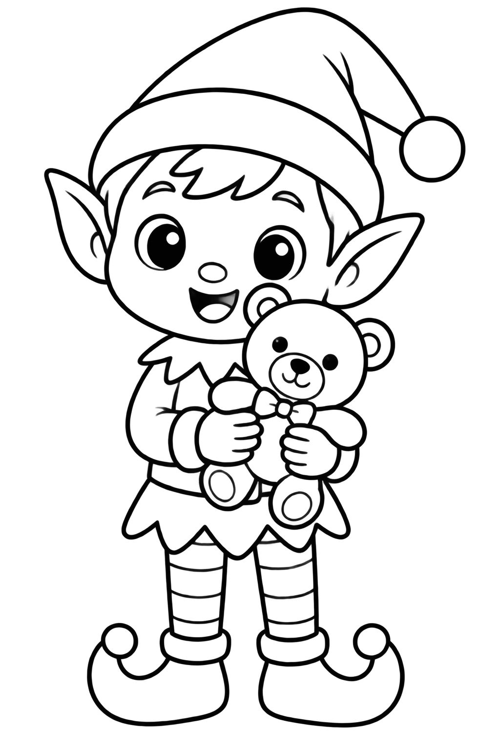 Desenhos de Natal para Colorir com Elfo e Ursinho Elfo sorridente com chapéu pontudo segura um ursinho de pelúcia em um divertido cenário festivo.