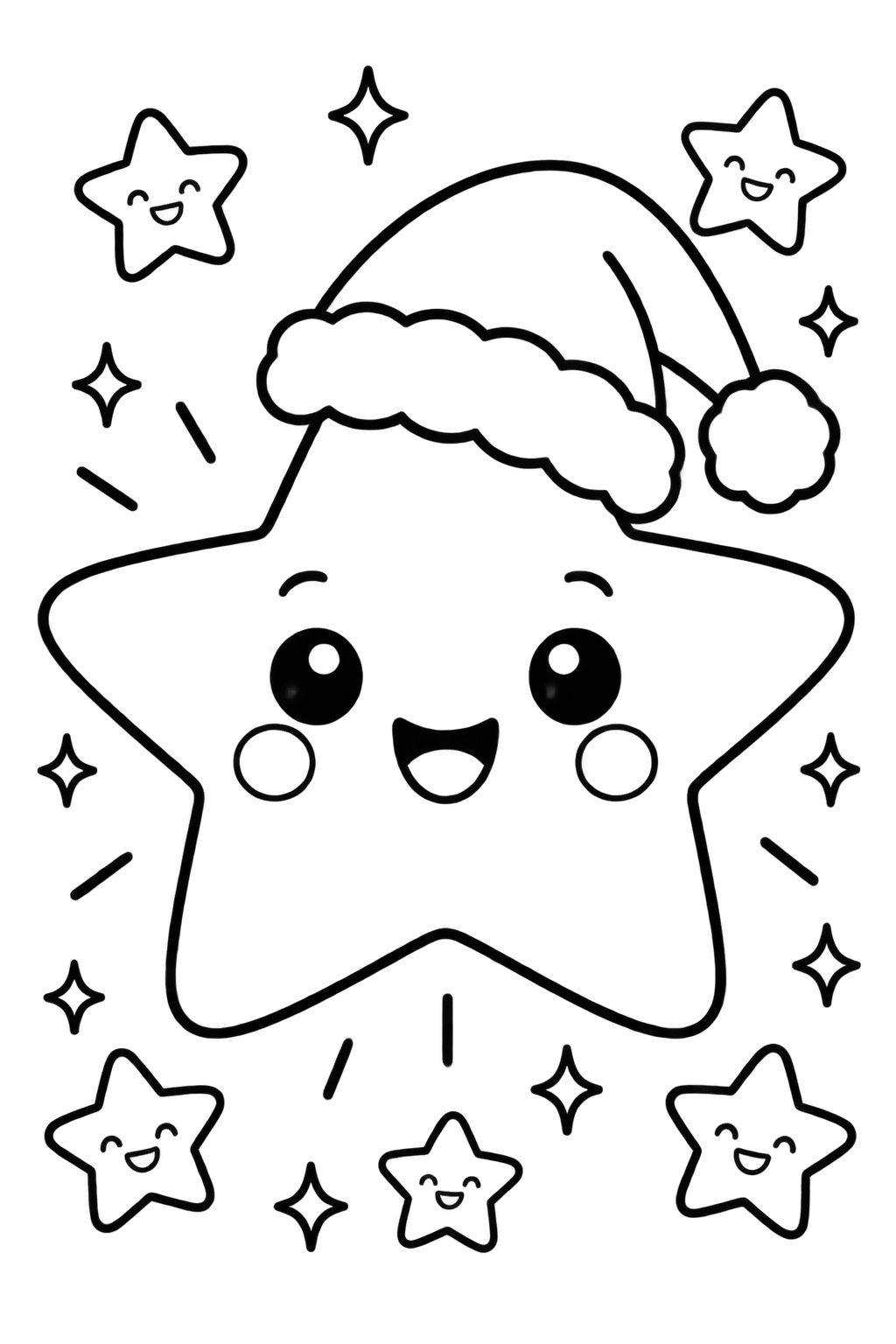 Desenhos de Natal para colorir com estrelas sorridentes Estrela grande com chapéu de Papai Noel e outras estrelas menores ao redor em traços para colorir.