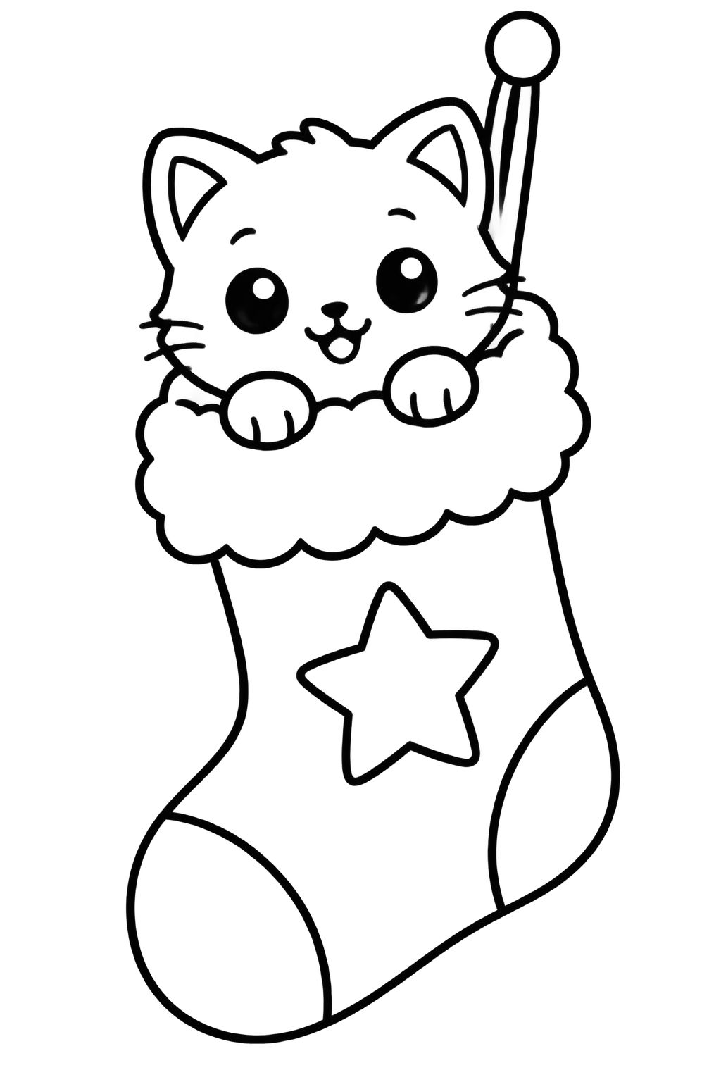 Desenhos de Natal para colorir com gatinho fofo na bota Gatinho fofinho com grandes olhos brilhantes saindo de dentro de uma bota natalina decorada com estrela.