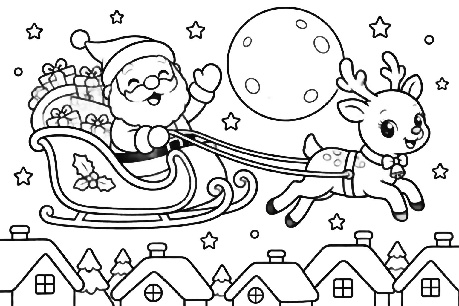 Desenhos de Natal para colorir com Papai Noel no trenó Papai Noel sorridente no trenó com rena voando sobre casinhas com neve na noite de Natal