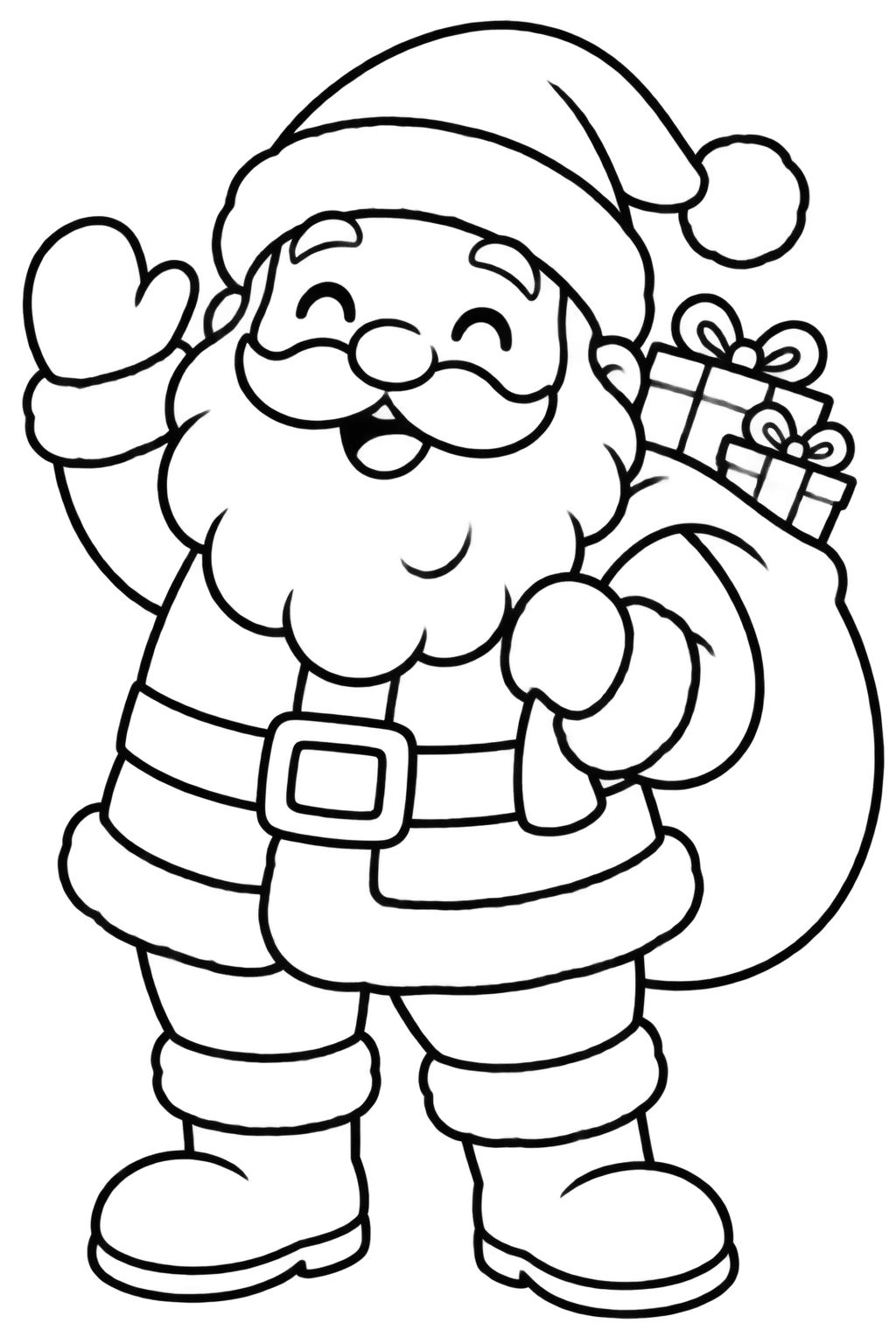 Papai Noel sorri e acena com saco de presentes nas costas em um modelo para pintar e colorir.