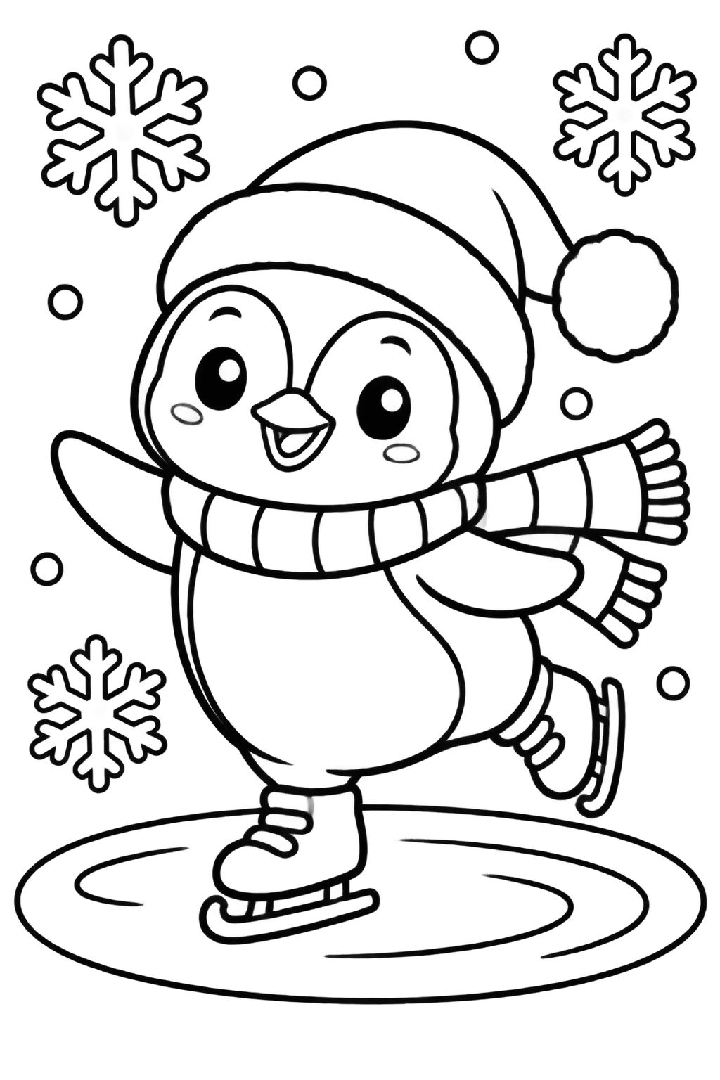 Desenhos de Natal para colorir com pinguim patinando no gelo Pinguim alegre patinando no gelo com gorro e cachecol em meio a flocos de neve para pintar