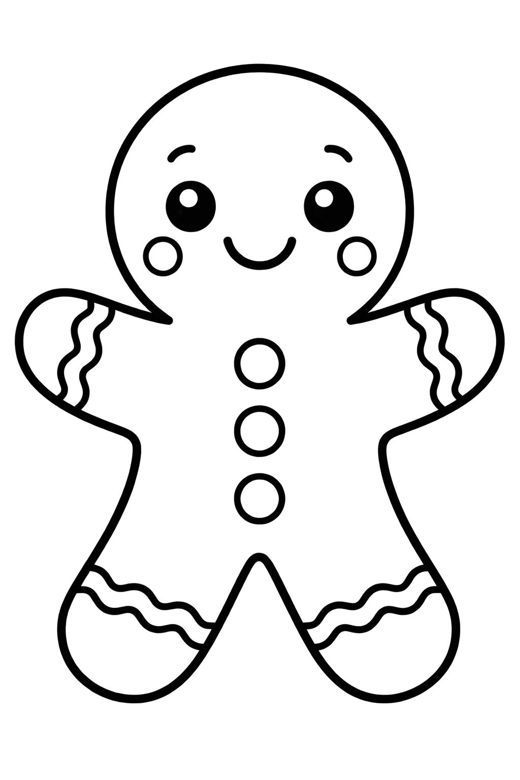 Desenhos de Natal para colorir com um doce em formato humano Doce em formato humano sorridente com olhos brilhantes e detalhes festivos nos membros para colorir.