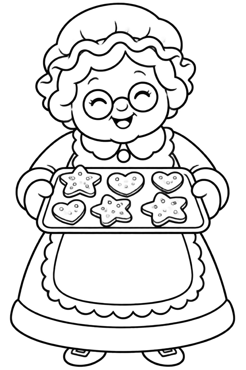 Desenhos de Natal para colorir com vovó e biscoitos Vovó sorridente segura uma travessa de biscoitos de Natal em formato de estrela e coração para pintar.