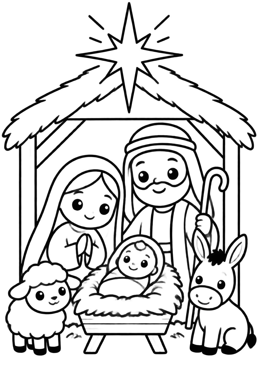 Desenhos de Natal para colorir: Presépio com Menino Jesus Cena clássica do presépio de Natal com Maria, José, Menino Jesus, animais e estrela guia brilhando.