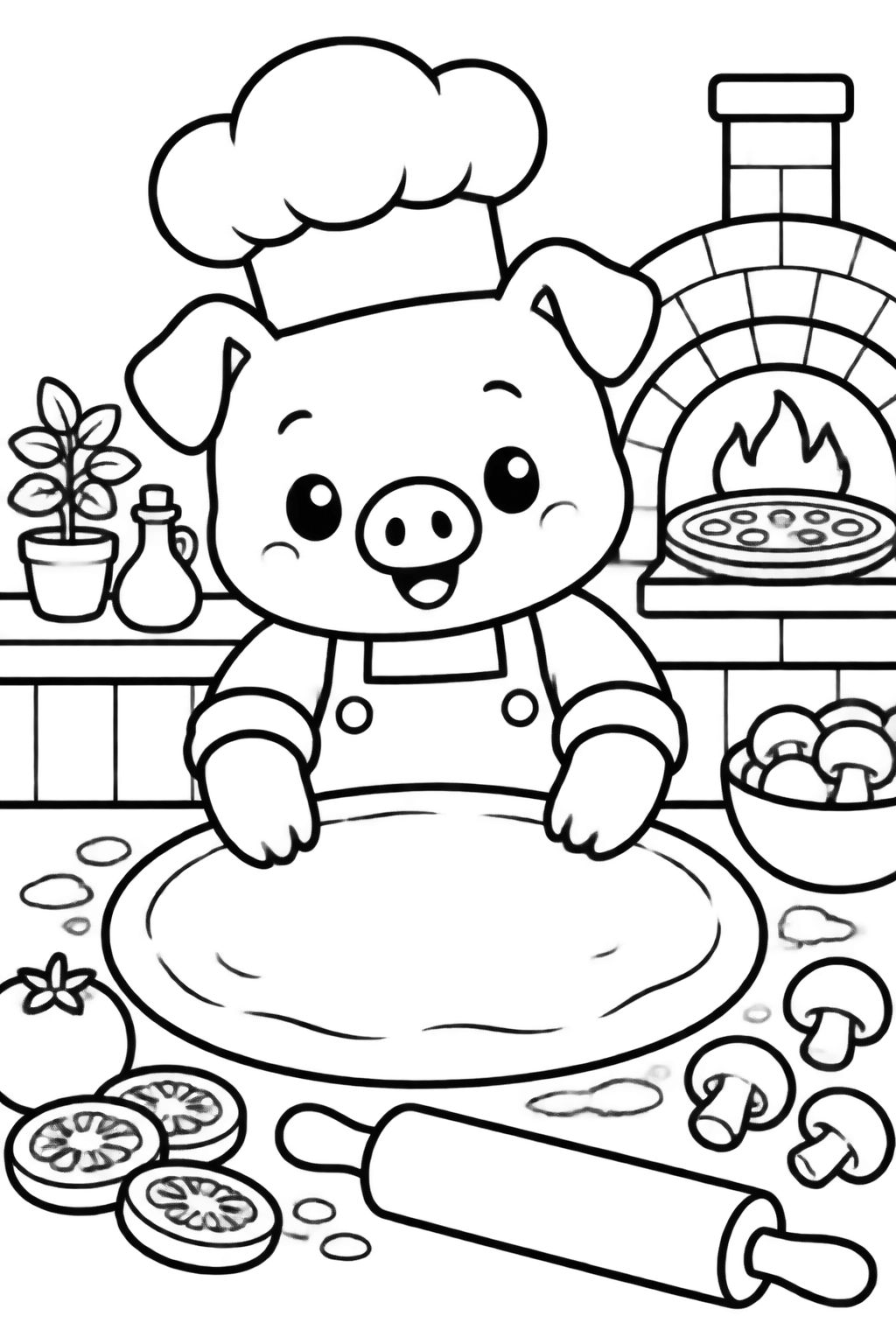 Desenhos de Porquinho Cozinheiro Preparando Pizza Pintar Porquinho sorridente de chapéu e avental de cozinheiro preparando uma pizza artesanal em uma bancada rústica de madeira.