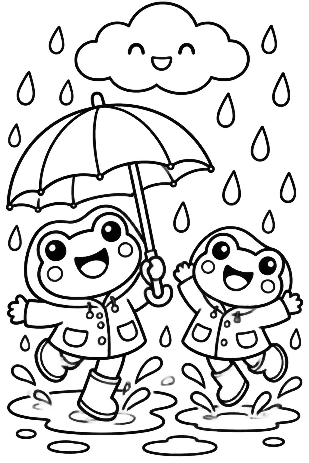 Desenhos de sapinhos na chuva para colorir e se divertir Dois sapinhos felizes com capas de chuva pulam em poças d água sob uma nuvem sorridente