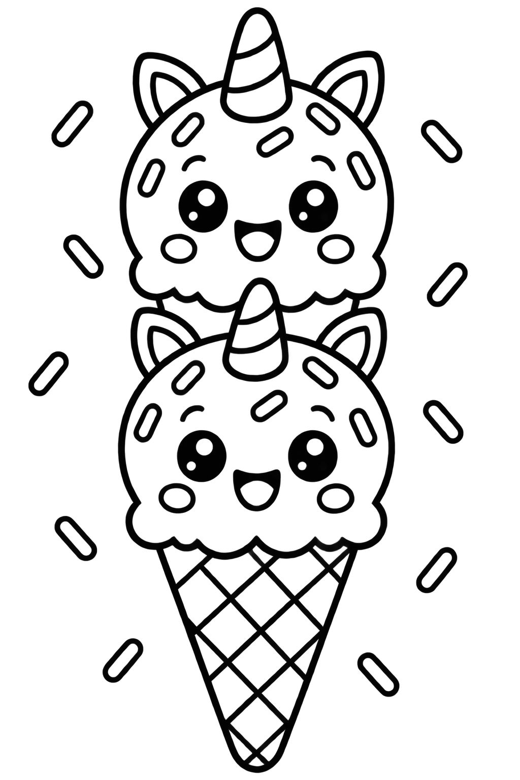 Desenhos de Sorvete Unicórnio para Colorir e Divertir Casquinha de sorvete com rosto, chifre e orelhas de unicórnio, cercada por confeitos, para colorir