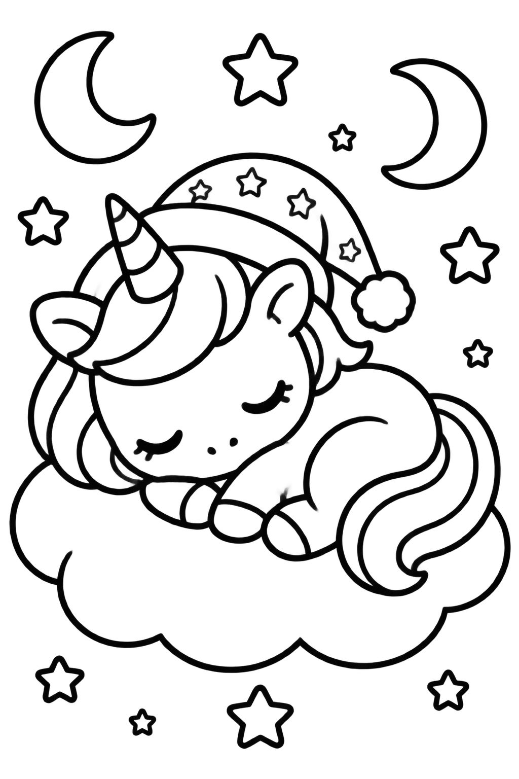 Desenhos de Unicórnio Dormindo na Nuvem para Colorir Unicórnio com touca de dormir descansando sobre uma nuvem, entre luas e estrelas, para colorir