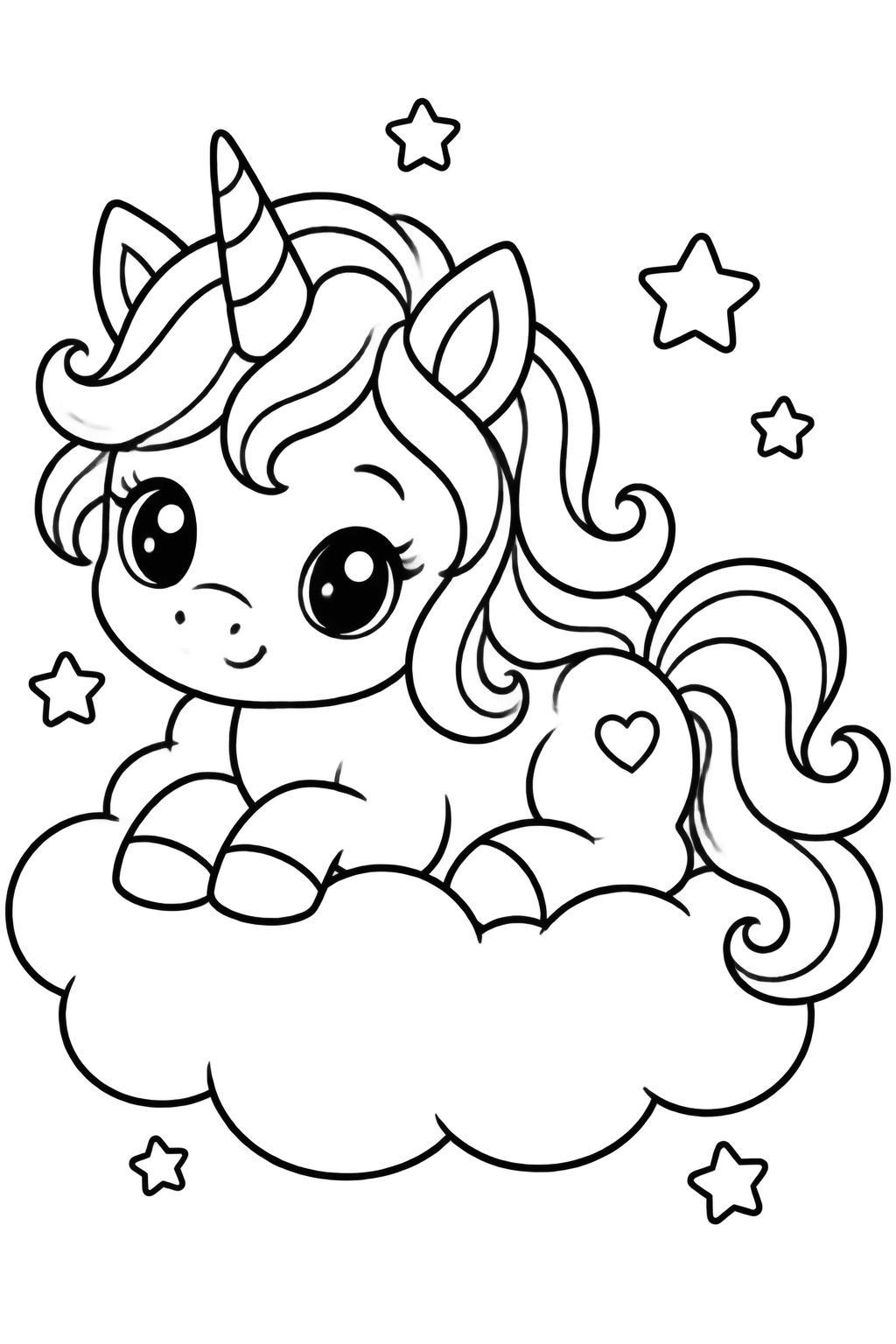 Desenhos de unicórnio fofo na nuvem para colorir e pintar Doce unicórnio com crina longa e chifre em espiral descansando sobre nuvem fofa cercada por pequenas estrelas mágicas.