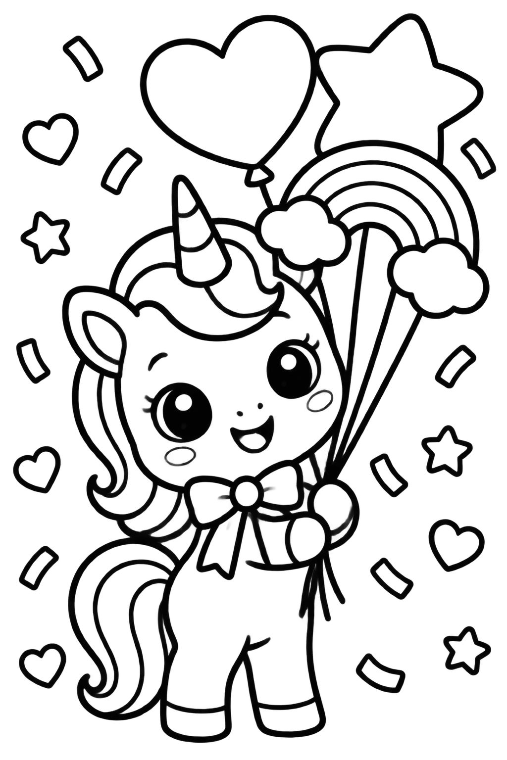 Desenhos de unicórnio para colorir com balões e arco-íris Pequeno unicórnio sorridente segurando balões, com arco-íris, corações e estrelas, para colorir