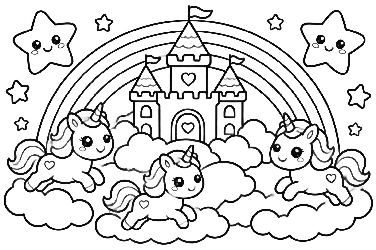 Desenhos de unicórnios e castelo encantado para pintar Três unicórnios sorridentes sobre nuvens perto de um castelo com arco-íris e estrelas, para pintar