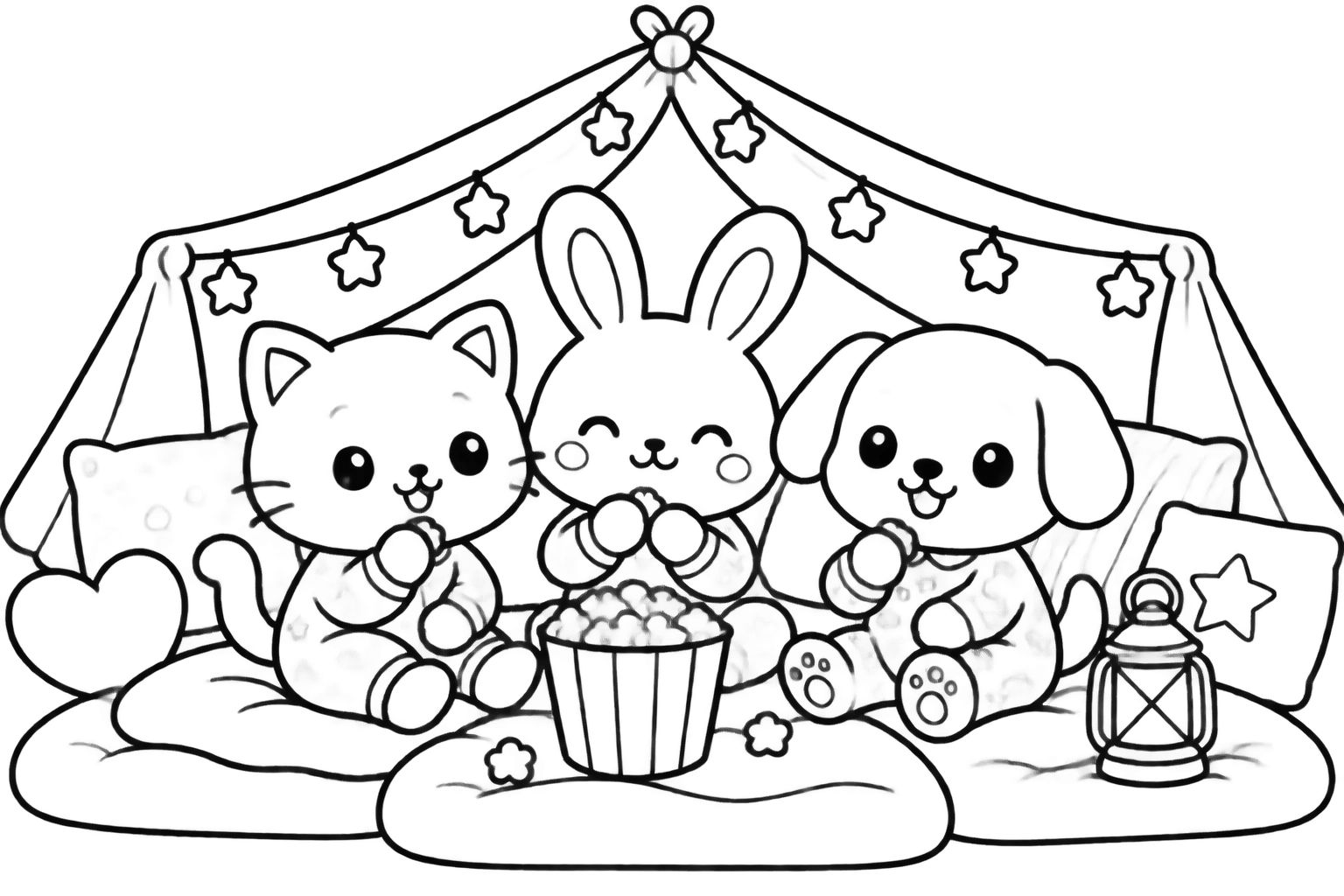 Desenhos para Colorir Amigos na Cabana Confortável Gatinho, coelho e cachorrinho sorridentes comendo pipoca em uma cabana com luzes.