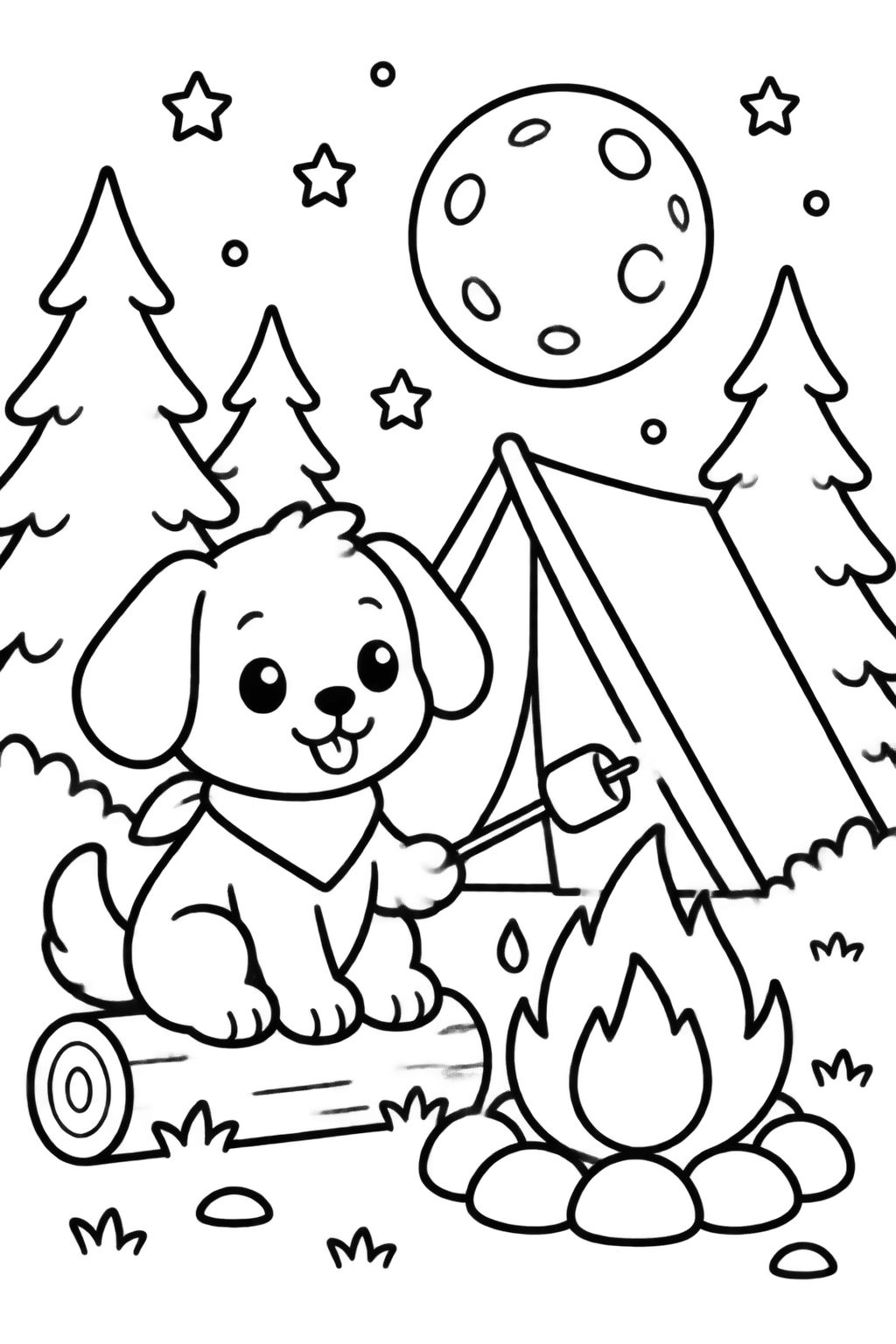 Desenhos para Colorir: Cachorrinho Alegre no Acampamento Filhote feliz sentado no tronco assando marshmallow na fogueira sob a lua cheia e estrelas