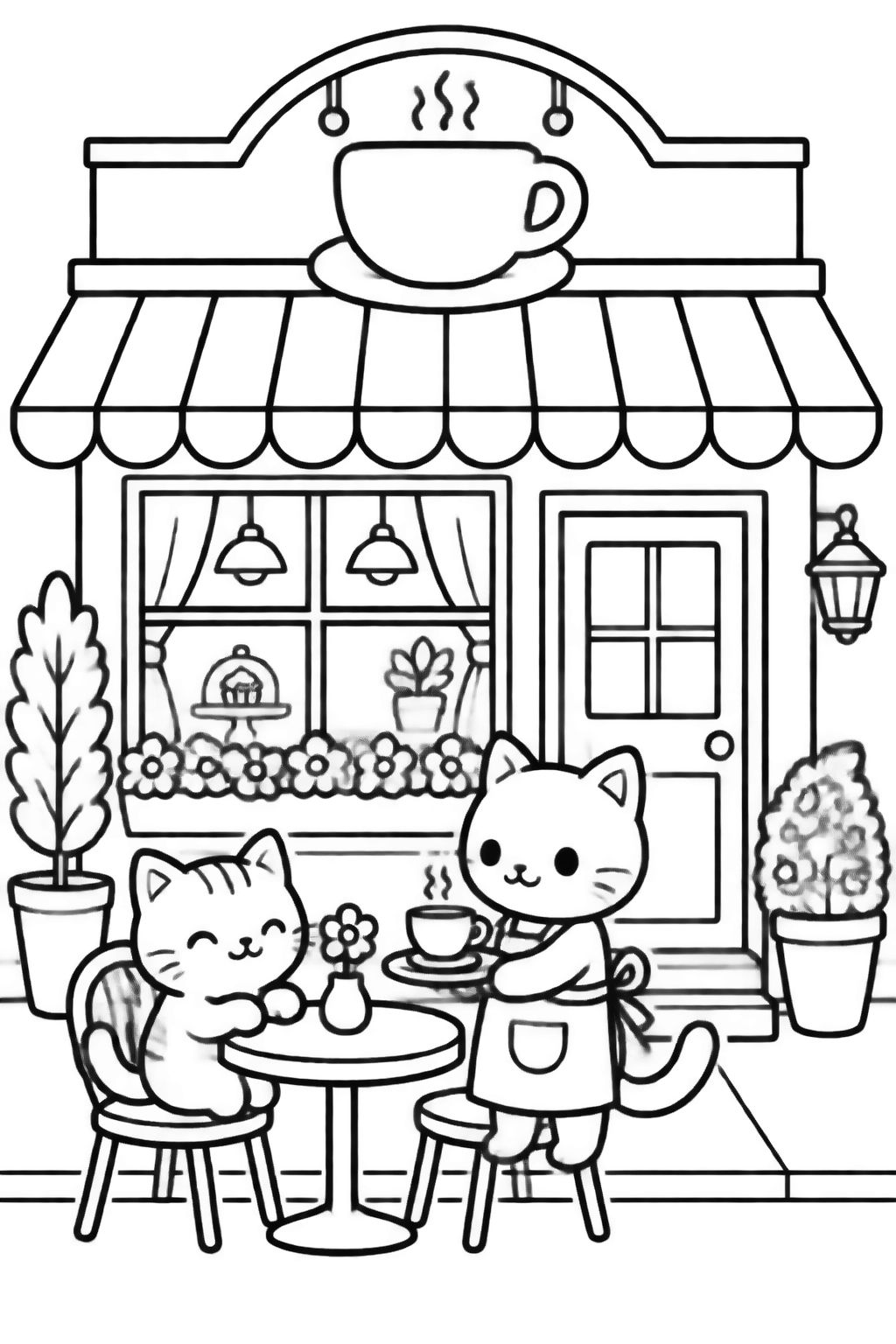 Desenhos para Colorir: Cafeteria Aconchegante com Gatos Desenho para colorir de uma cafeteria charmosa com dois gatinhos fofos, xícara na fachada e flores na janela.