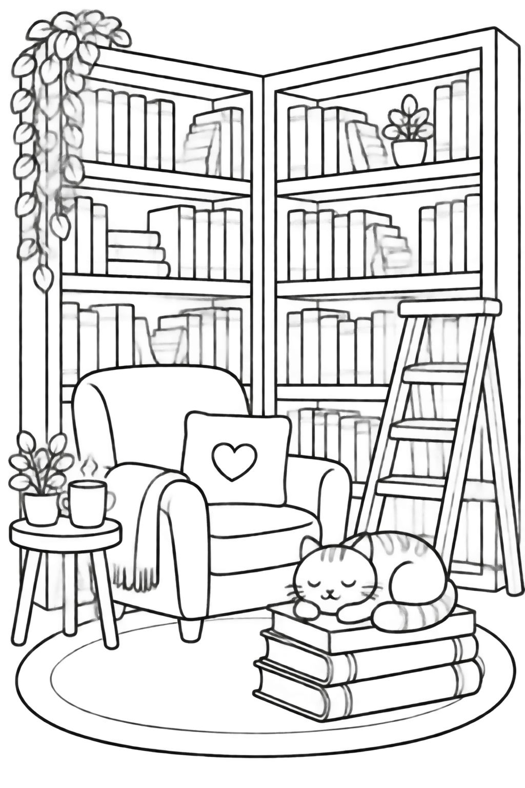 Desenhos para Colorir Canto de Leitura Aconchegante com Gato Poltrona confortavel em canto de leitura com livros, planta, xicara e um gatinho dormindo no tapete.