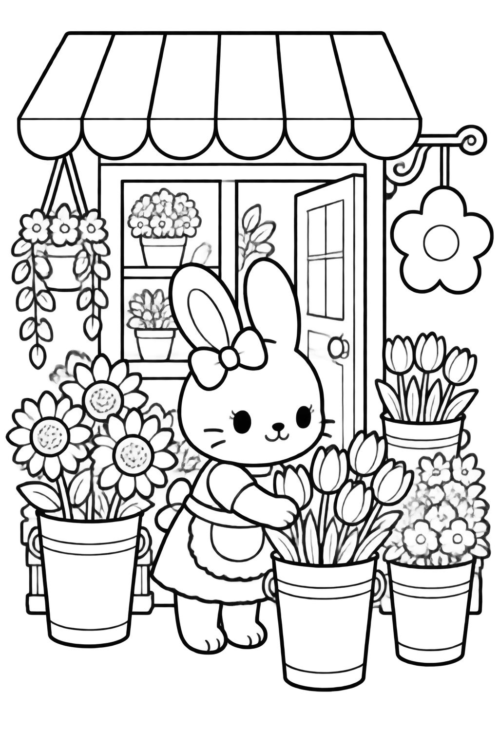 Desenhos para Colorir: Coelha Organizando Flores Coelha com laço e avental arruma vasos de girassóis e tulipas em uma charmosa floricultura aconchegante.
