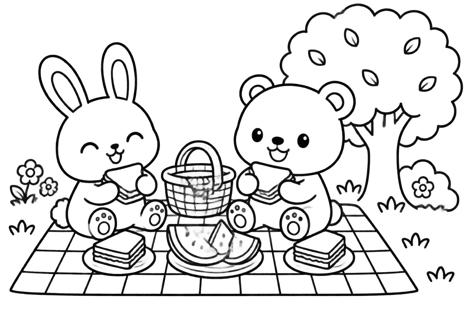 Desenhos para Colorir Coelhinho e Ursinho em Piquenique Coelhinho e ursinho fofos fazem um piquenique alegre na grama com cesta de lanches e melancia.