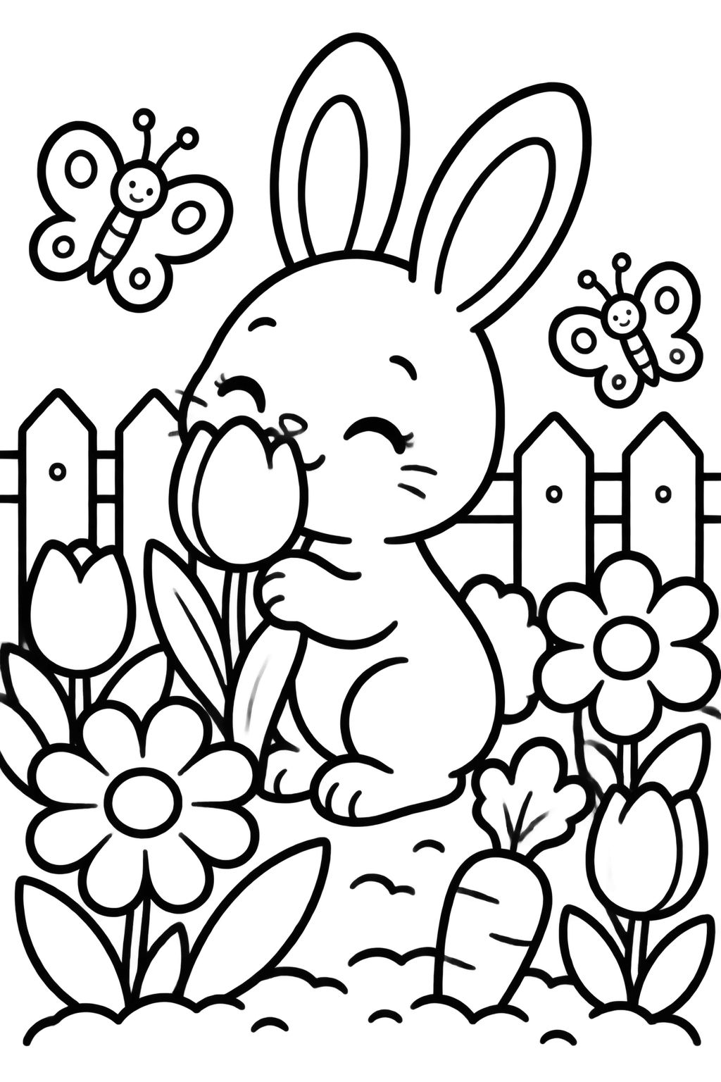 Desenhos para Colorir com Coelhinho Fofo no Jardim de Flores Coelho sorridente sentado em jardim florido cheirando tulipa com borboletas ao redor para colorir