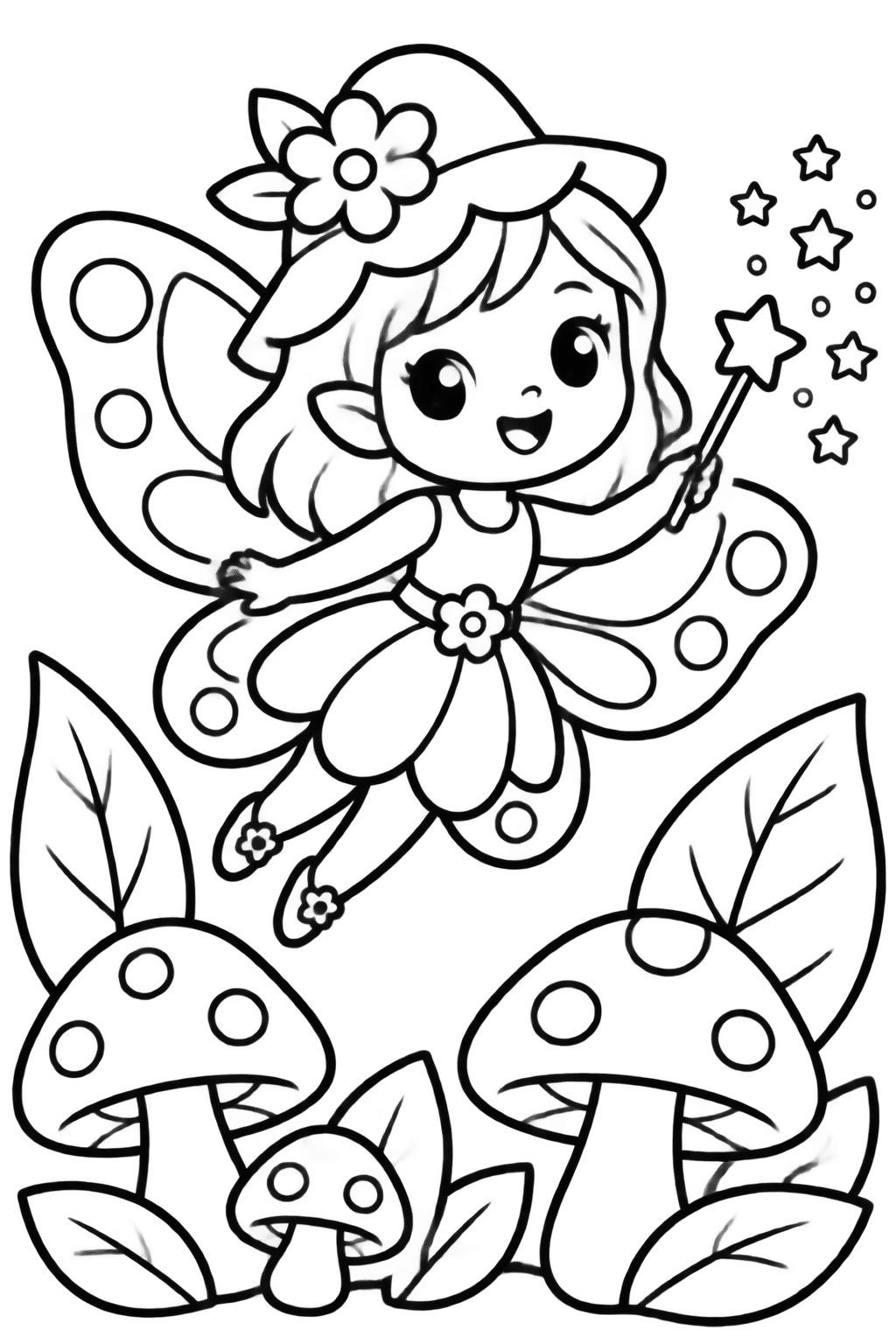 Desenhos para Colorir com Fada Mágica e Floresta Encantada Fada sorridente voando sobre cogumelos, com varinha mágica e asas de borboleta, em floresta encantada
