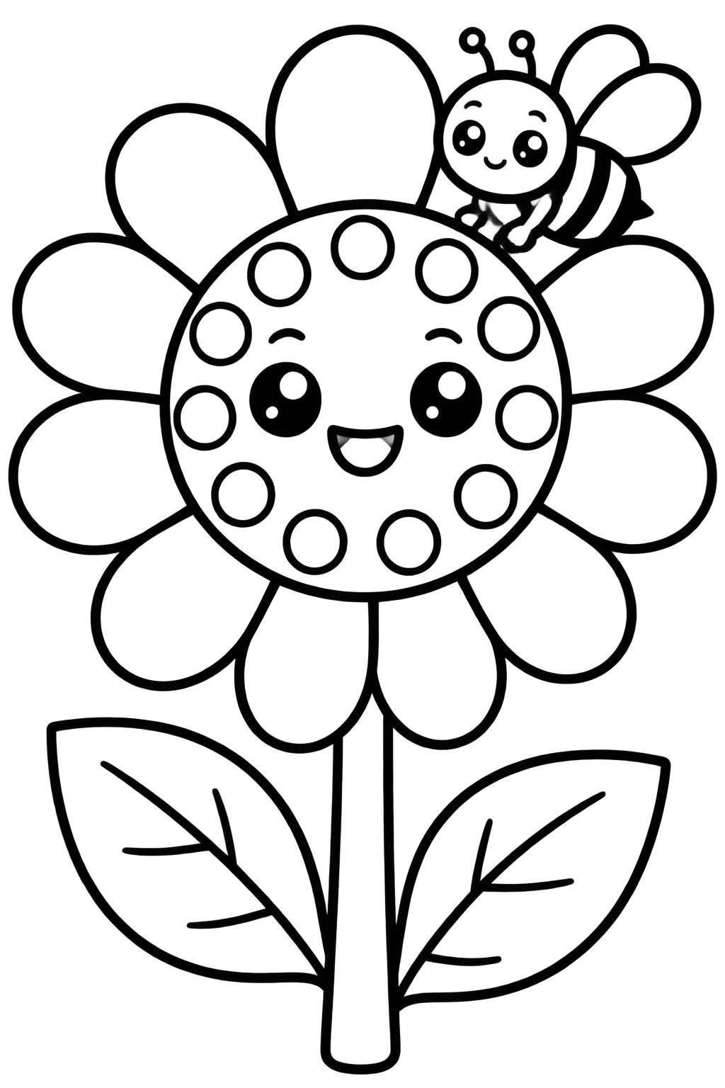 Desenhos para Colorir com Flor Sorridente e Abelha no Jardim Flor sorridente e abelha feliz em um jardim com traços simples e marcados para pintar e divertir