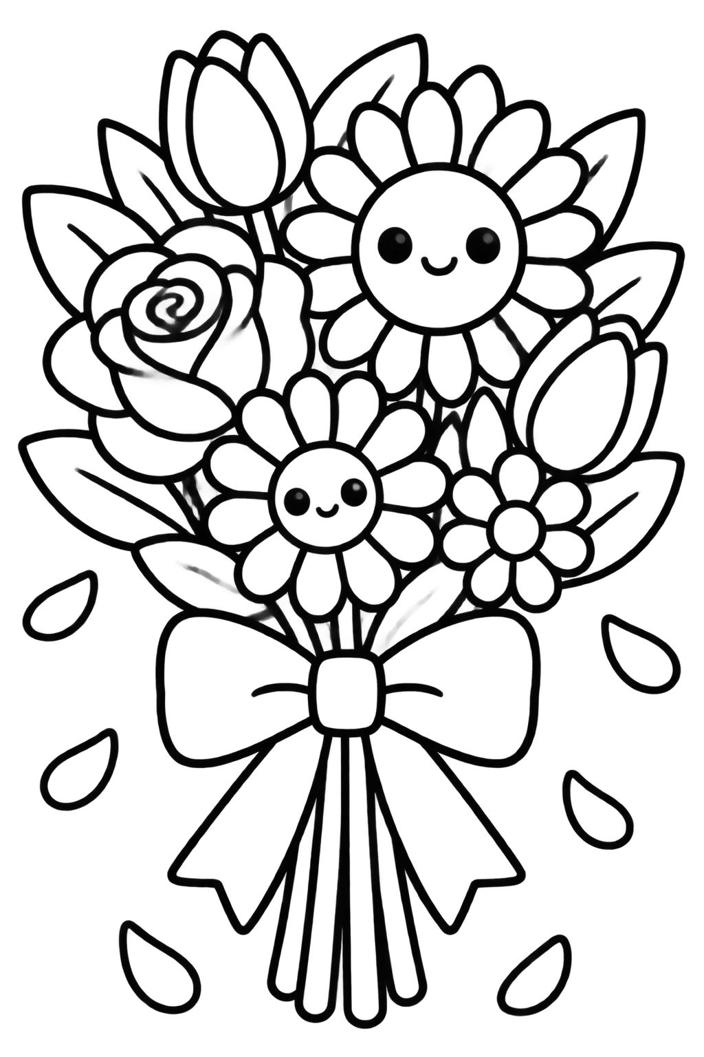 Desenhos para Colorir com Flores e Jardim: Buquê Alegre Buquê de flores variadas com laço fofo, tulipas, rosa e margaridas sorridentes para pintura