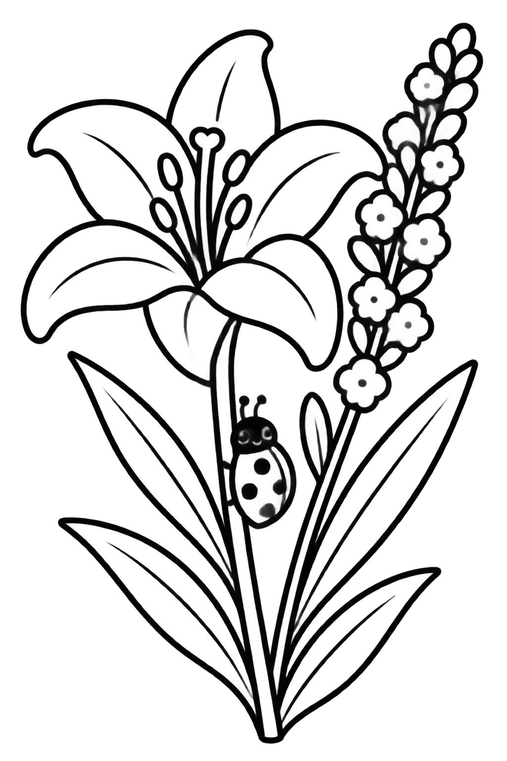 Desenhos para Colorir com Flores e Jardim para Pintar Flor grande, espiga com pequenas flores, folhas e uma joaninha subindo pelo caule central do jardim