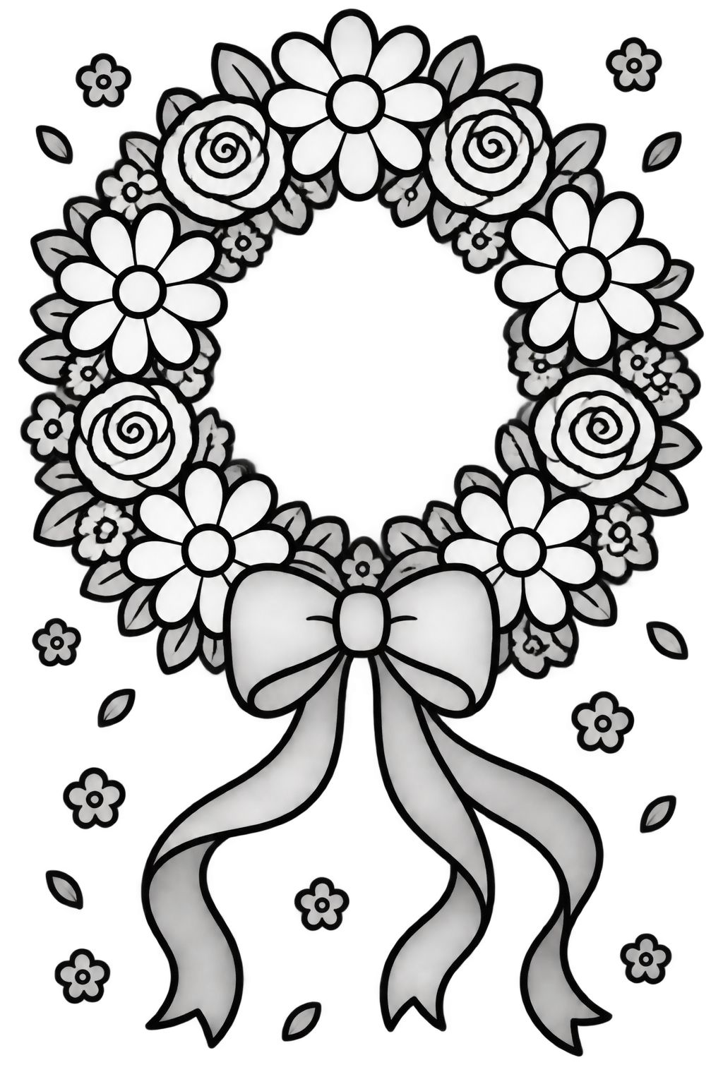 Desenhos para Colorir com Guirlanda de Flores e Jardim Guirlanda circular com margaridas, rosas e laço elegante para pintar e colorir