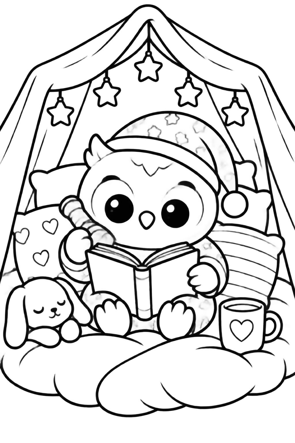 Desenhos para Colorir: Coruja Lendo na Cabana Confortável Coruja fofa com gorro de dormir sentada em cabana cheia de almofadas, lendo um livro com um coelho de pelúcia ao lado.