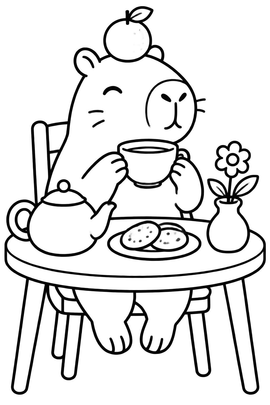 Desenhos para Colorir de Capivara Tomando Chá com Biscoitos Capivara fofa sentada na cadeira tomando chá com xícara, bule, biscoitos e laranja na cabeça para colorir
