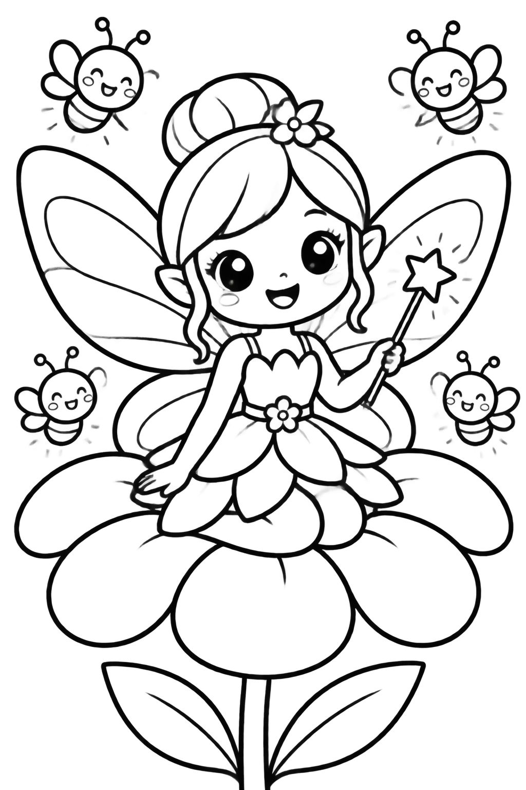Desenhos para colorir de fada mágica com abelhas e flores Fada sorridente sentada em uma flor, com varinha de estrela e abelhas ao redor, para colorir
