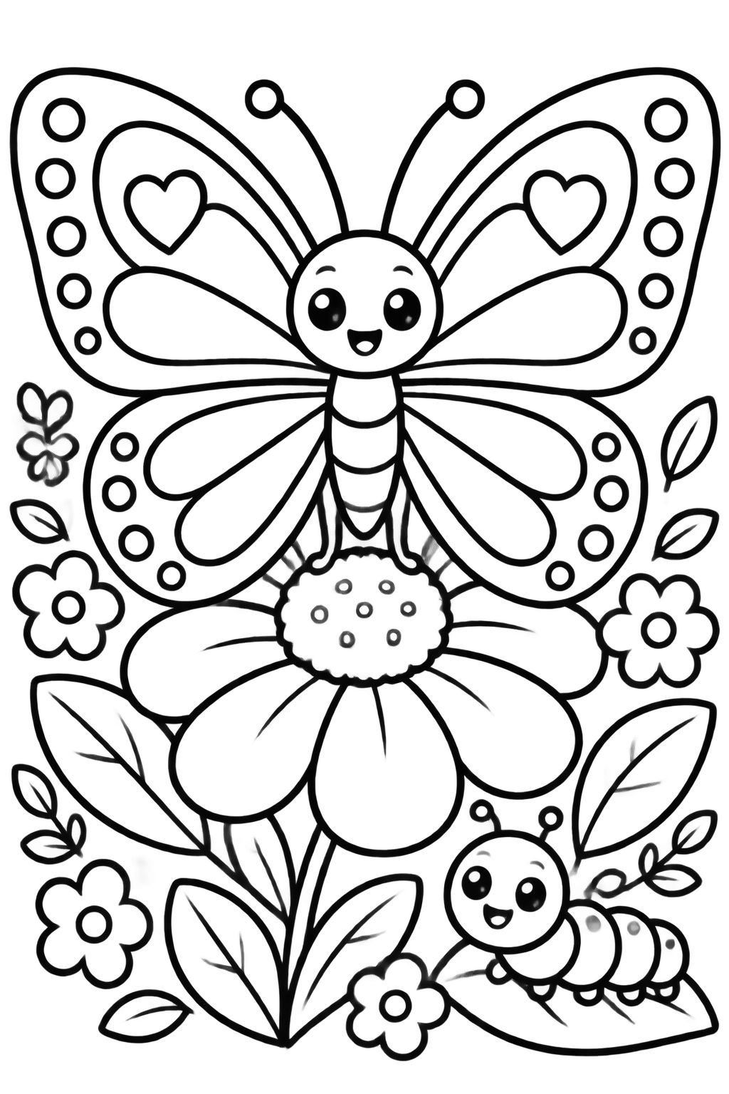 Desenhos para Colorir de Flores e Jardim com Borboleta Borboleta sorridente pousada em uma flor grande com corações nas asas e uma lagarta feliz no jardim
