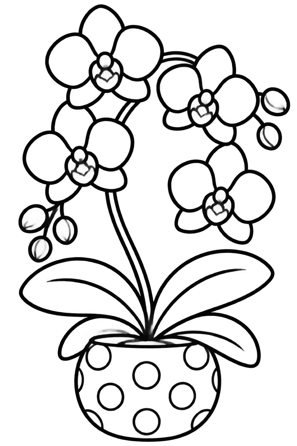 Desenhos para Colorir de Flores e Jardim com Orquídea e Vaso Orquídea com pétalas abertas e folhas largas em vaso redondo com bolinhas pronto para colorir