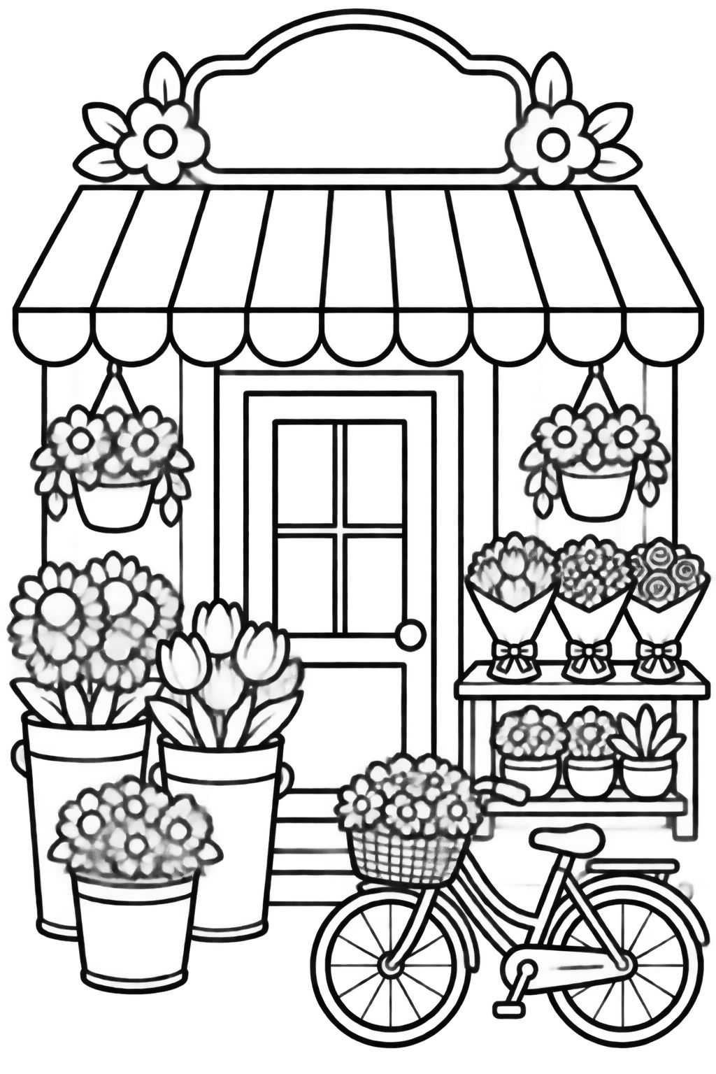 Desenhos para Colorir de Flores e Jardim em Floricultura Fachada de floricultura aconchegante com vasos, arranjos florais variados e uma bicicleta antiga com cesta de flores