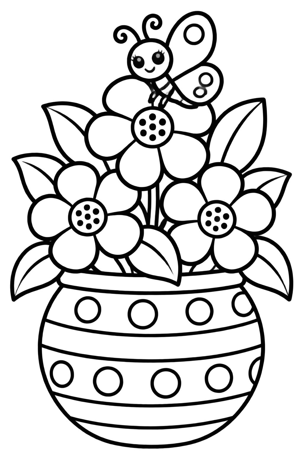 Desenhos para Colorir de Flores no Vaso e Abelha Vaso decorado com arranjo de três flores grandes e folhas, com uma abelha sorridente no topo